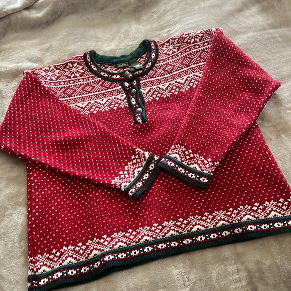 Vintage LL Bean Nordic 100% cotton sweater 1X, red and green for the holidays!